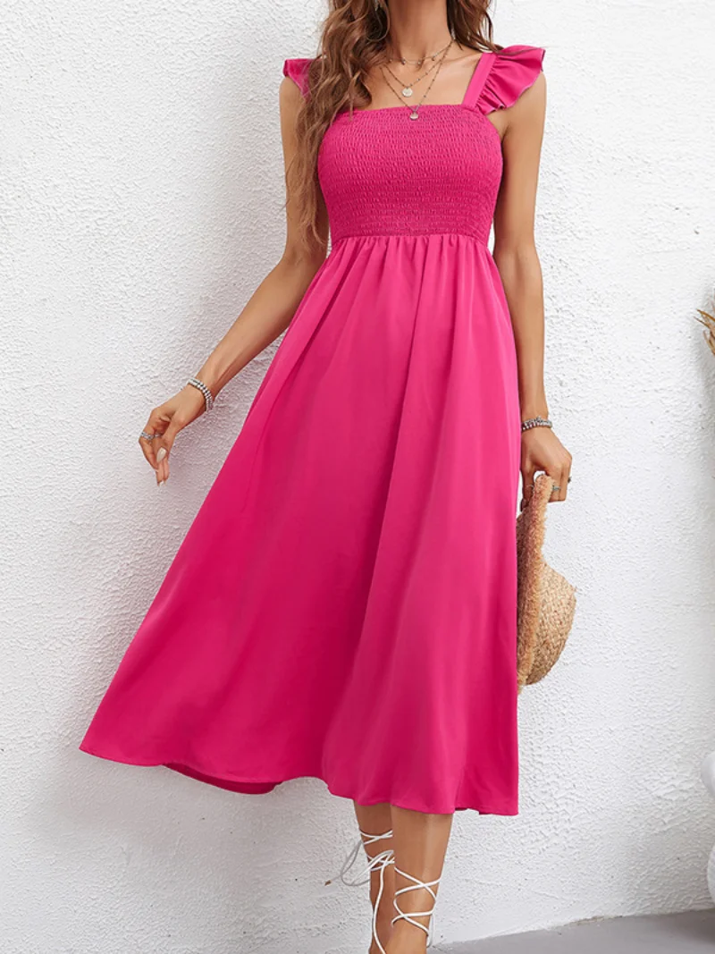 

Freeacy Adult Female 2023 Summer New Solid Color Slim Fit Suspender Dresses High Waisted A-Line Elegant Midi Dress For Women