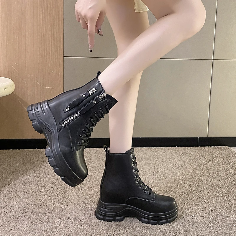 

9 cm Chunky Platform Ankle Boots Women Thick Bottom Combat Booties New Winter Warm Leather Shoes Non Slip Motorcycle Boots Mujer
