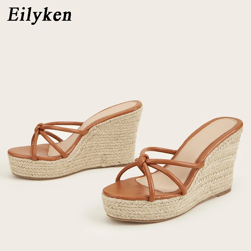 

Eilyken Summer High Heels Wedge Platform Slippers For Women 2022 Comfortable Simple Straw Braid Sandals Narrow Band Female Shoe