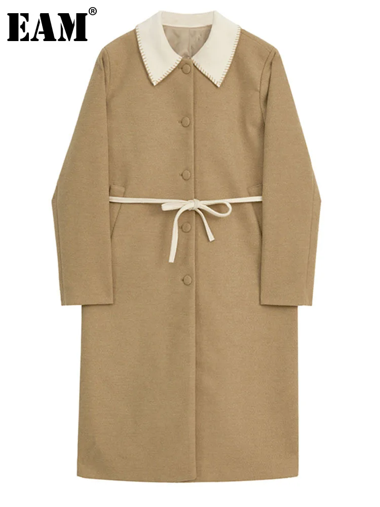 

[EAM] Loose Fit Khaki Color-block Big Size Woolen Coat New Lapel Long Sleeve Women Jacket Fashion Autumn Winter 2023 1DH1965