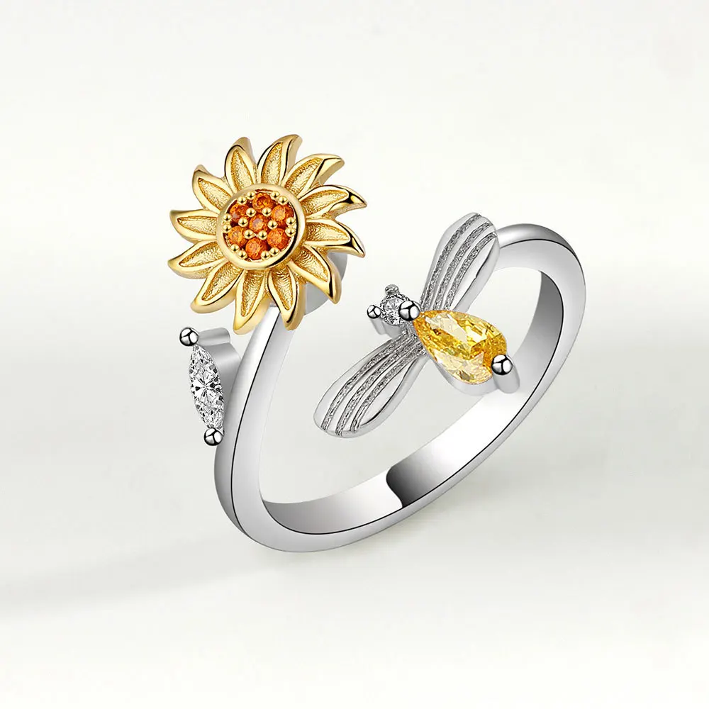 

Spinning Sunflower Bee Anxiety Ring For Women Rotatable Adjustable Unusual Anti-stress Spinner Fidget Rings Fashion Jewelry