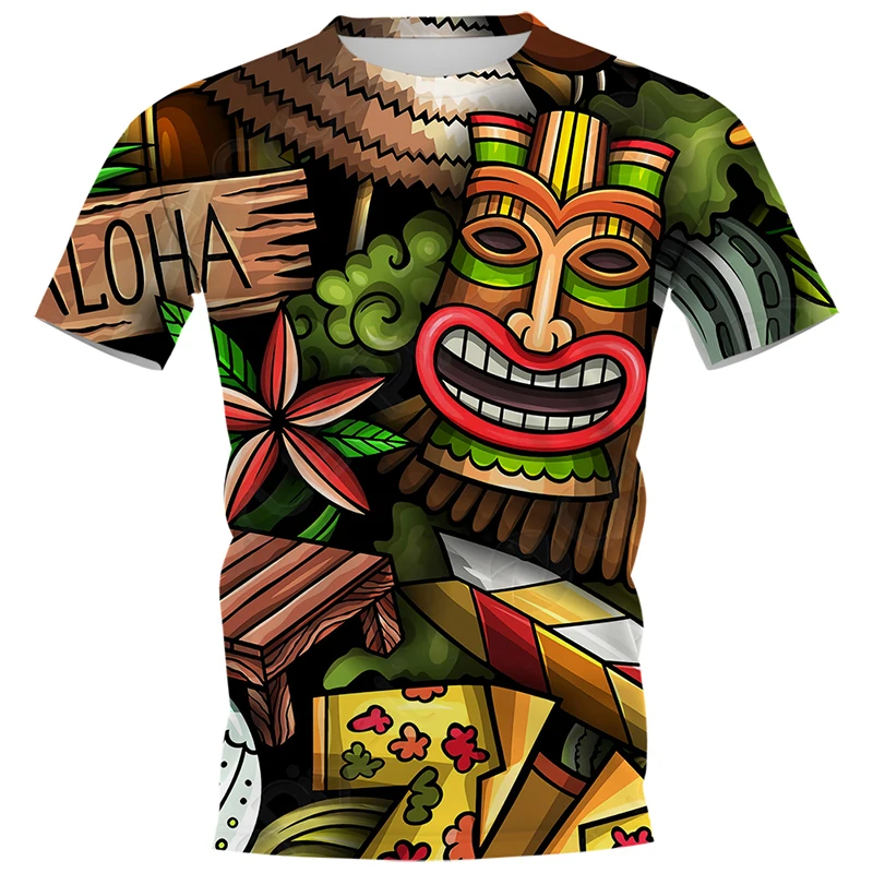 

Summer Personality Men's T-shirt Hawaiian Tribe Mask 3D HD Printed Graphics Crewneck Street Clothing Harajuku Short Sleeve Top