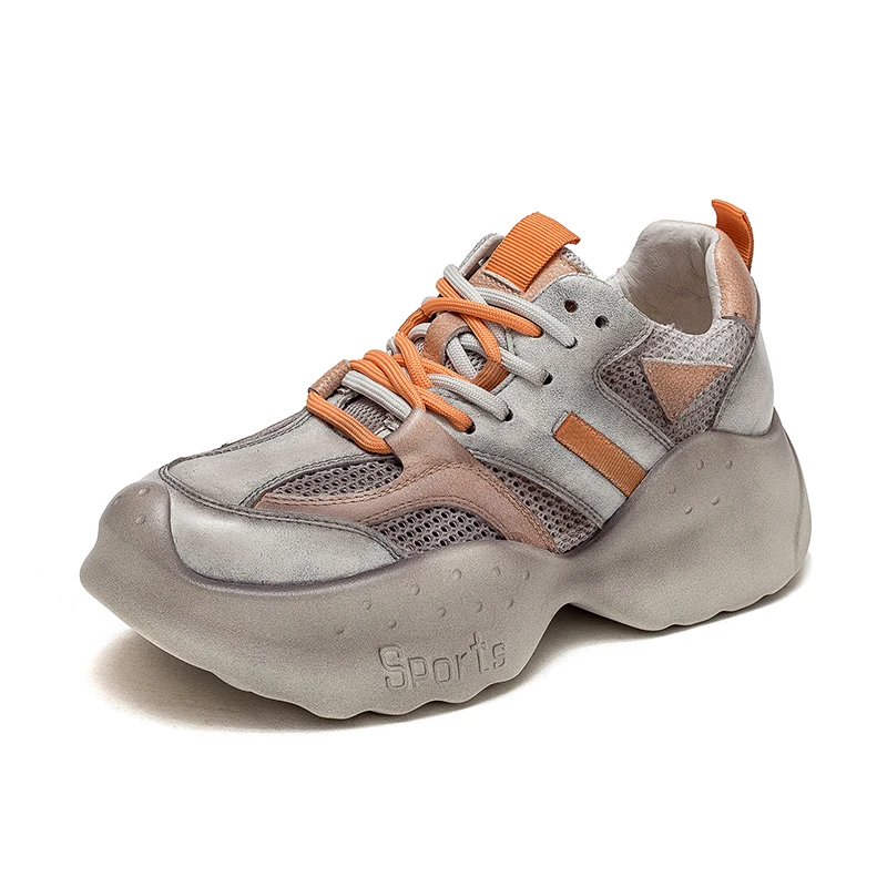 

Women Sneakers Fashion Mesh Chunky Genuine Leather Sneakers Casual Shoes Comfortable Thick Sole White Dad Flats Platform Shoes