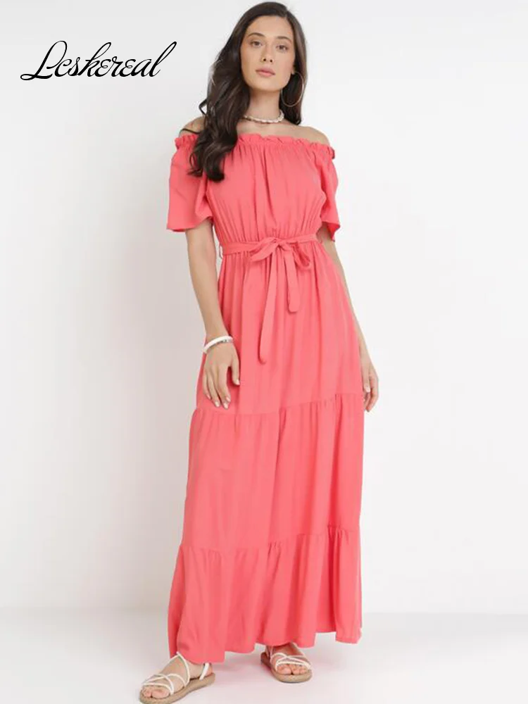 

Женское платье-макси с открытыми плечами, розовое элегантное свободное платье с коротким рукавом для вечеринки, лето 2022