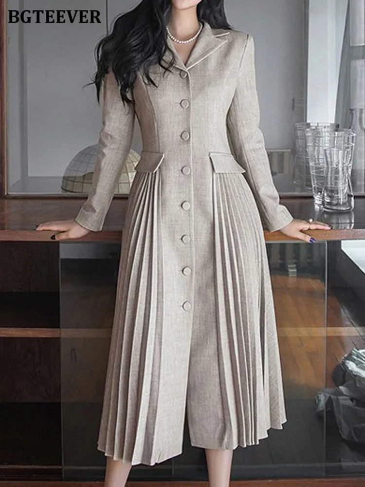 

Платье BGTEEVER женское ТРАПЕЦИЕВИДНОЕ с отложным воротником, Элегантное однобортное плиссированное платье с длинным рукавом, осень