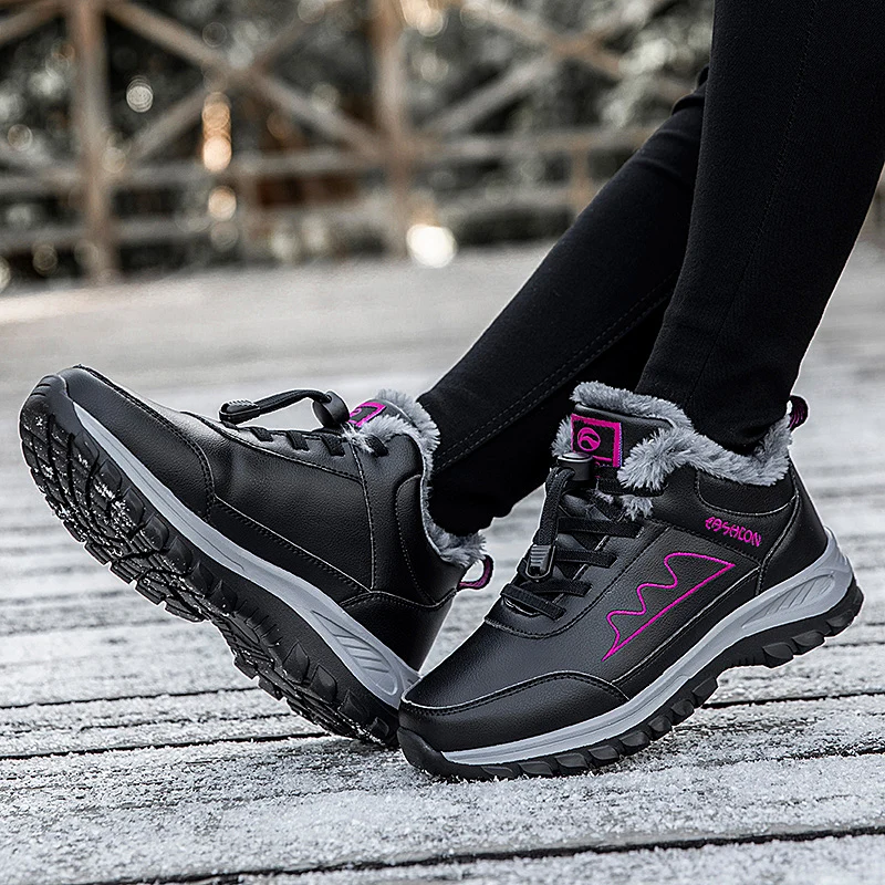 Men Women Winter Hiking Shoes Plush Platform Sneakers Nonslip Comfortable Lace Up Sports Shoes