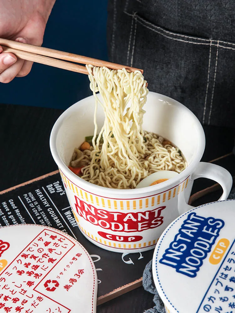 Ceramic Noodle Bowl with Lid Japanese Style Student Office Super Large Cup Lunch Bowl Mug Instant Noodle Bowls Soup Bowls Set