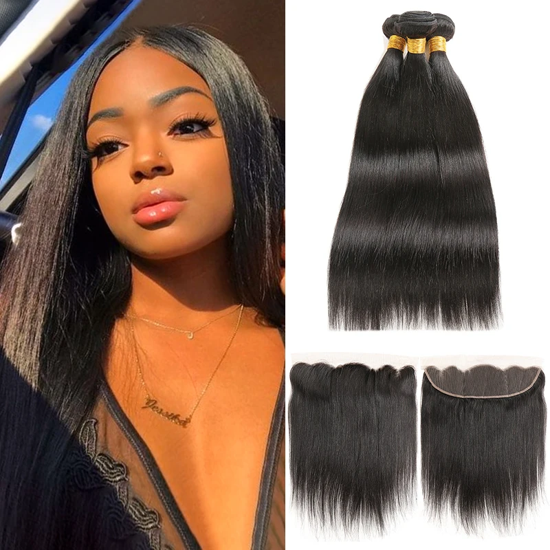 

Natural Color Human Hair Bundles With Frontal 13x4 SOKU 3/4PCS Brazilian Straight Hair Weave Bundles With Closure Non-Remy