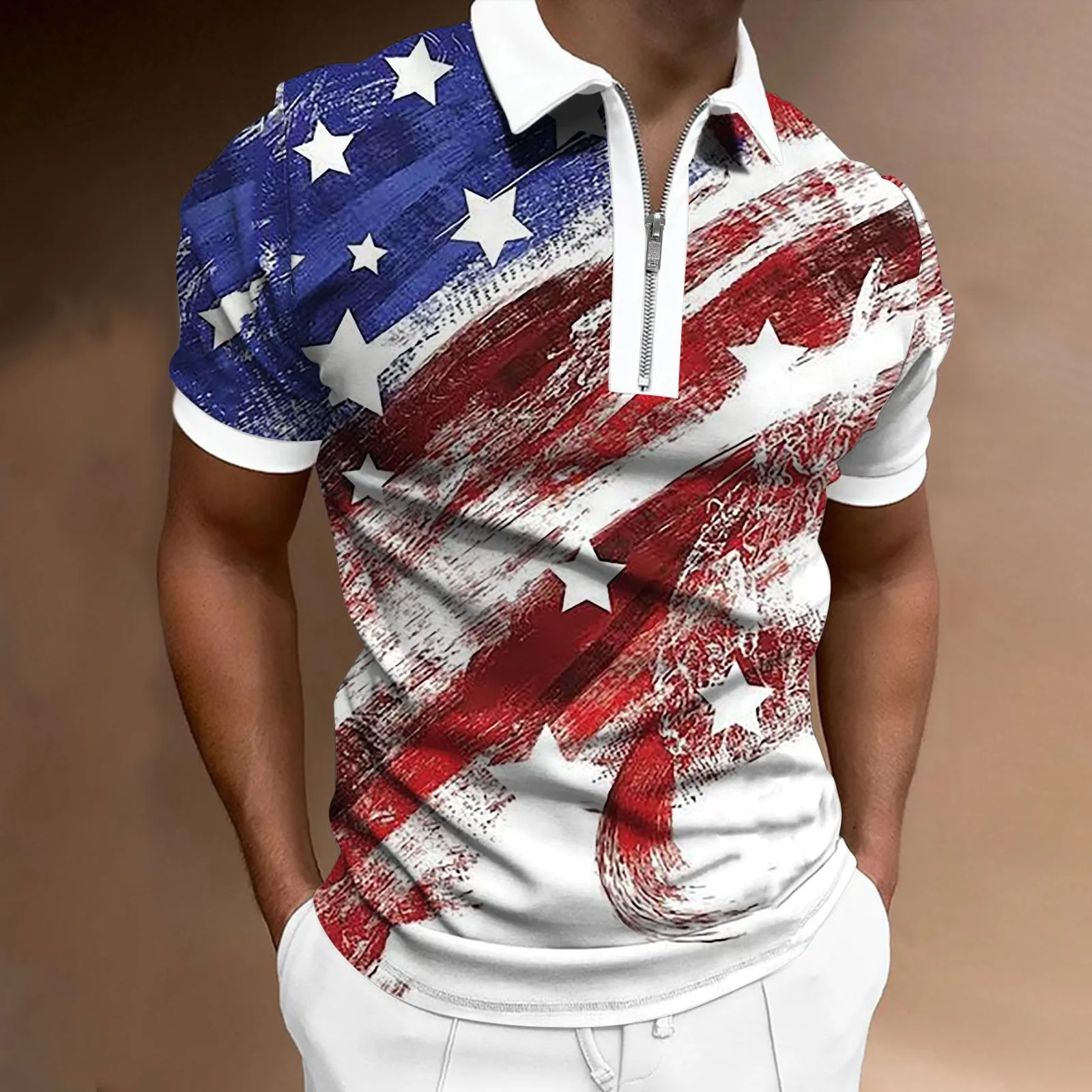 

Independence Day Men's Polo Shirt Lapel Collar Shirt Zipper Breathable T-Shirt Short Sleeve Camisas Blusas Patriotic Tops New