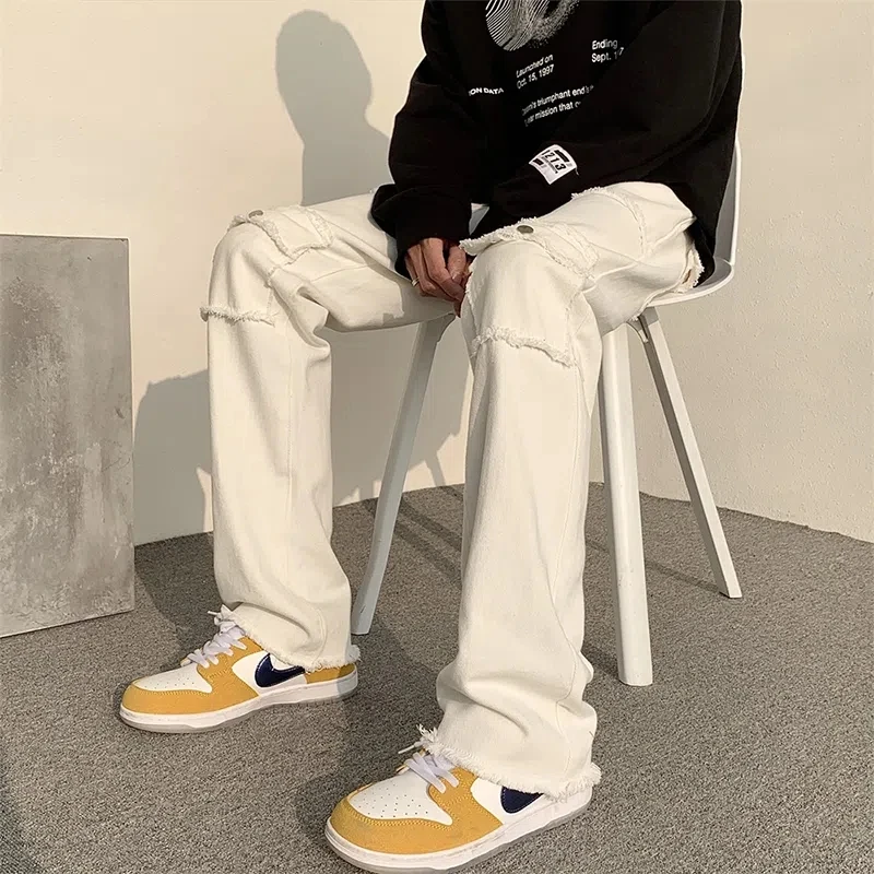 European American High Street Men Jeans Hip Hop Oversized Straight Cargo Mens Simple Solid Streetwear Big Pockets Denim Pants
