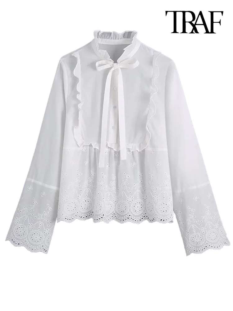 

TRAF Women Fashion With Bow Cutwork Embroidery Blouses Vintage Ruffled Collar Long Sleeve Female Shirts Blusas Chic Tops