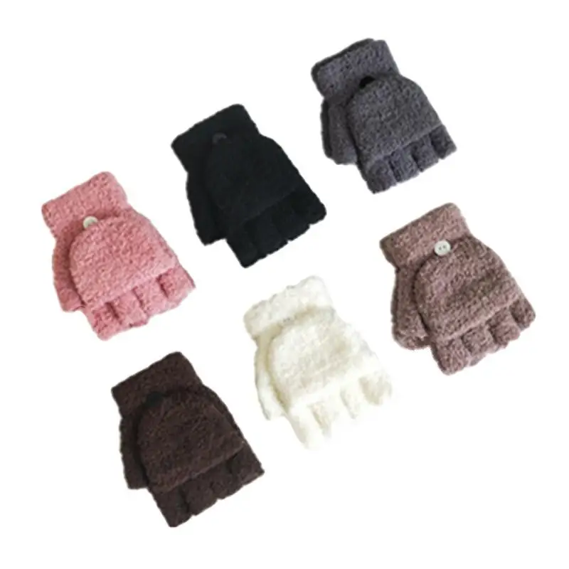 

Winter Children Thickened Warm Knitted Half-finger Clamshell Gloves Cute Boys and Girls Student Simple Plush Gloves 3-10 Years