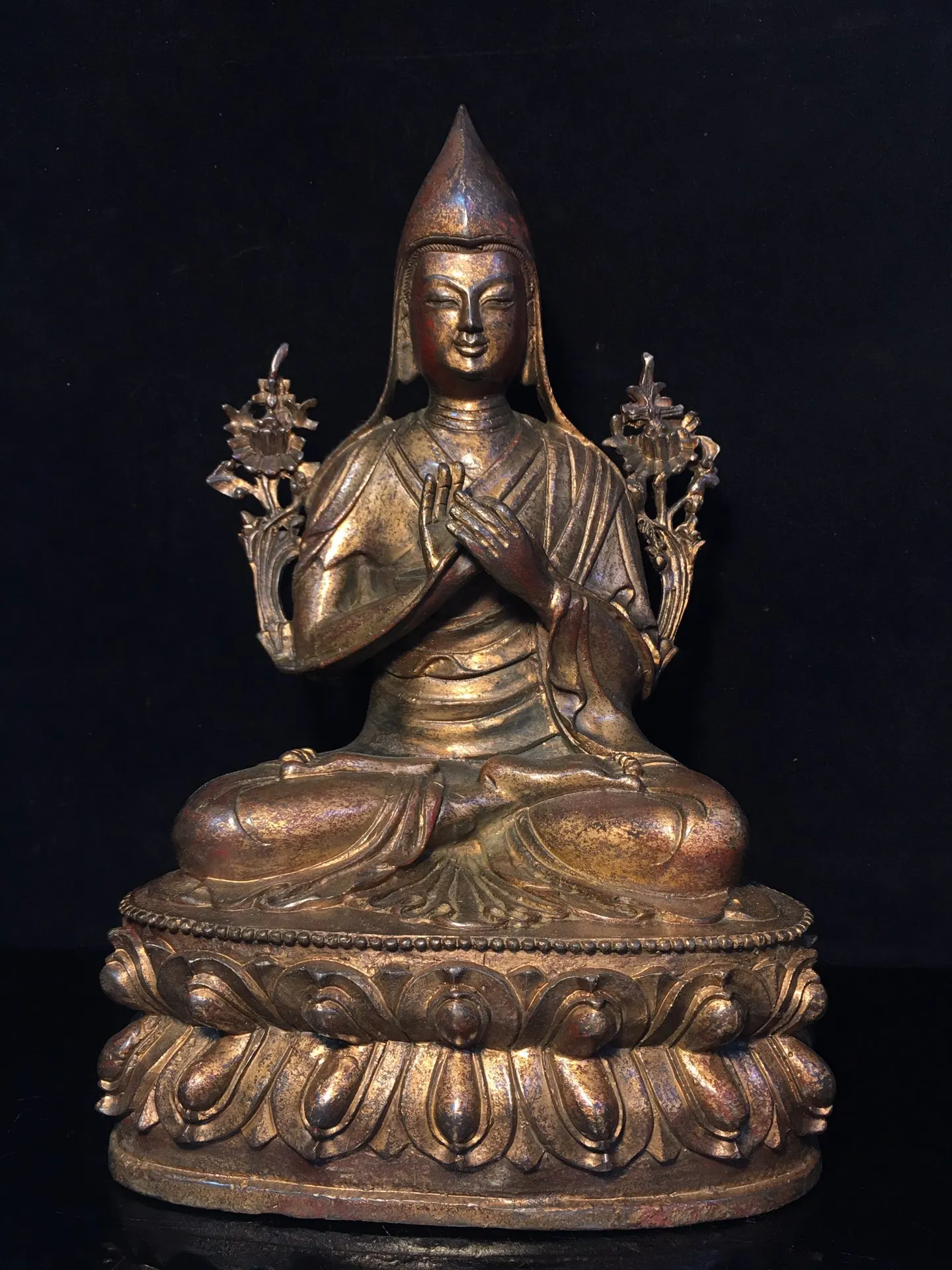 

12"Tibetan Temple Collection Old Bronze Cinnabar Mud gold Tsongkhapa lotus platform Tibetan Buddha worship hall Town house