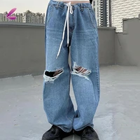 harajuku pants blue baggy drawstring jeans low waist street fashion wide leg pants women holes casual loose hippie denim