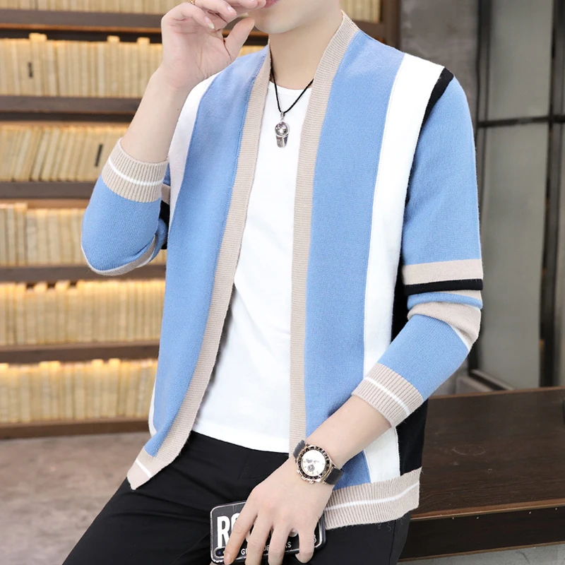2023 Spring and Autumn Men's Sweater Cardigan Korean Style Trendy Outerwear Youth Sweater Autumn Vertical Striped Men's Jacket
