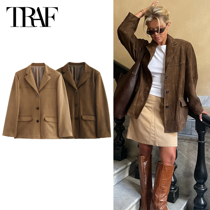 Женский замшевый Блейзер на пуговицах с длинным рукавом