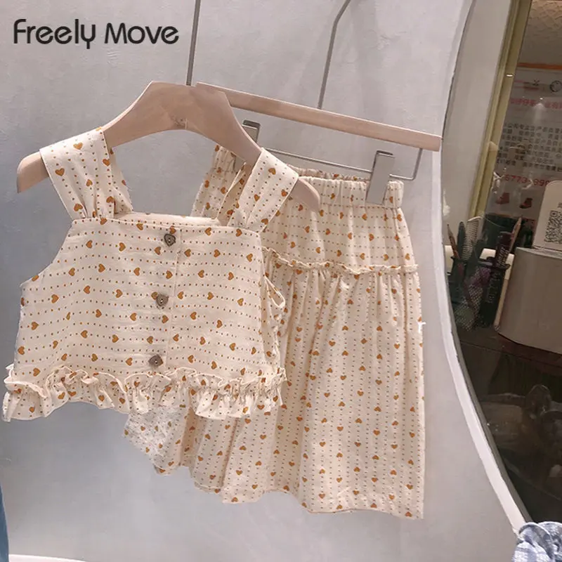 

Freely Move 2022 Summer Korean Style Baby Girls Princess Outfits Heart Suspenders Ruffles Tops Loose Pants 2pcs Kids Casual Sets