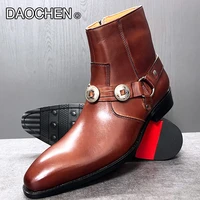 luxury men ankle boots shoes black brown white shoes zipper chelsea boots strap buckle real leather dress boots men casual shoes