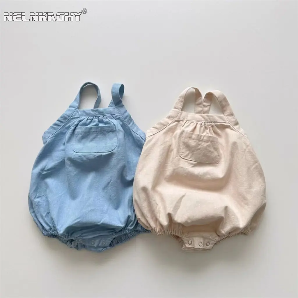 Summer Kids Baby Girls Boys Strap Solid Color Pocket Denim Outwear Infant Newborn Cotton Jumpsuits Toddler Bodysuit 유아복