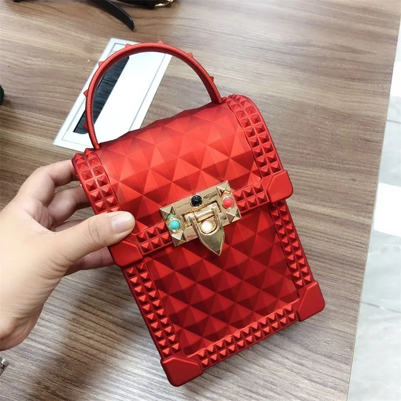 

2022 Matte Frosted Jelly Bag Women MIni Phone Purse Bag Casual Street Rivet Chain Shoulder Bag Coin PVC Wallet Rhombus Handbag