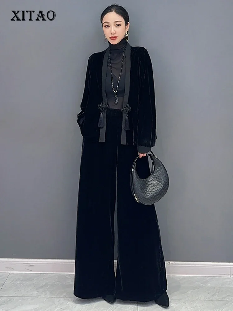 

XITAO Fashion Temperament Female Two Piece Set Trend Button V-neck Top Women Autumn New Arrival Casual Wide Leg Pants HQQ1556