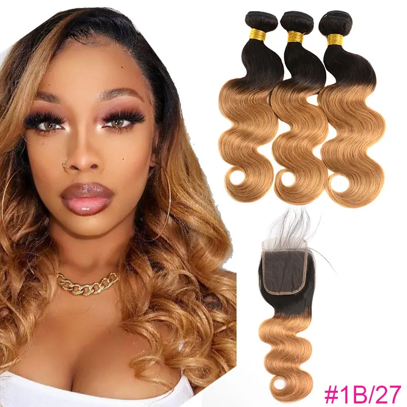 

DreamDiana Ombre Blond Bundles With Closure 1B/30 Chocolate Brown Human Hair Bundles Body Wave 3 Bundles With 4X4 Lace Closure