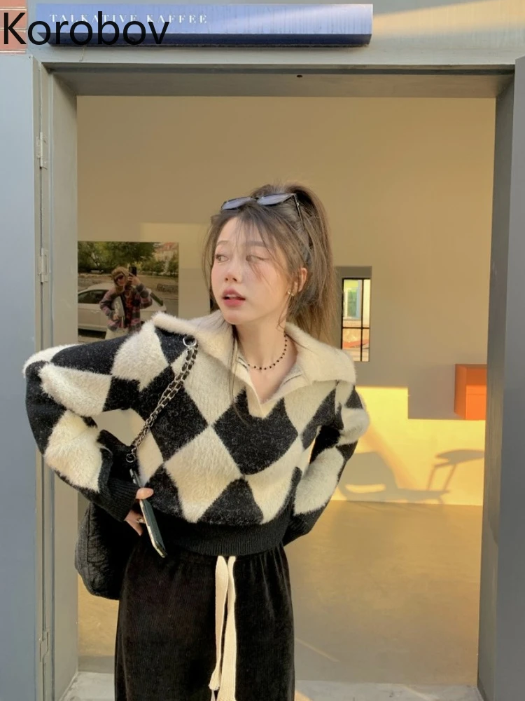 

Винтажные Модные клетчатые контрастные цветные модные вязаные топы с лацканами для женщин на осень и зиму Новинка Натяжные Casacos De Inverno Feminino