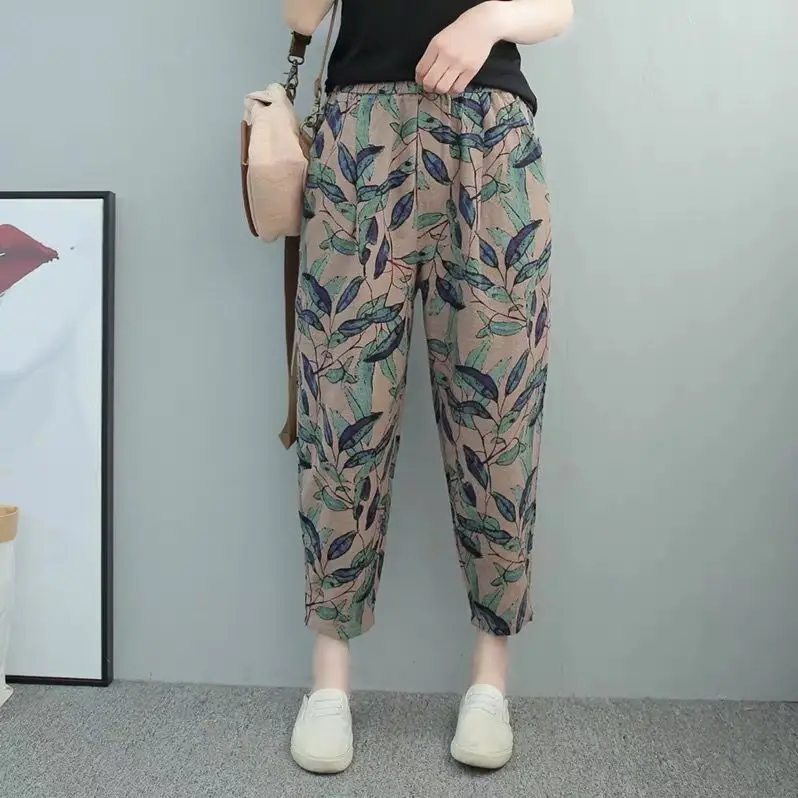 

2020 Summer Thin Women Fashion Wild Harem Pants Women Loose Printing Pockets Pants Cotton Casual Female Wide Leg Trousers S13
