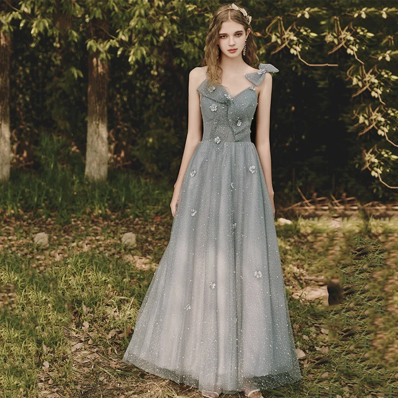 

Блестящий Серый Тюль Suknia Wieczorowa модный сексуальный спагетти ремень халат De Soiree Сладкий бант Простой Длинный вечерние платья для женщин вечернее