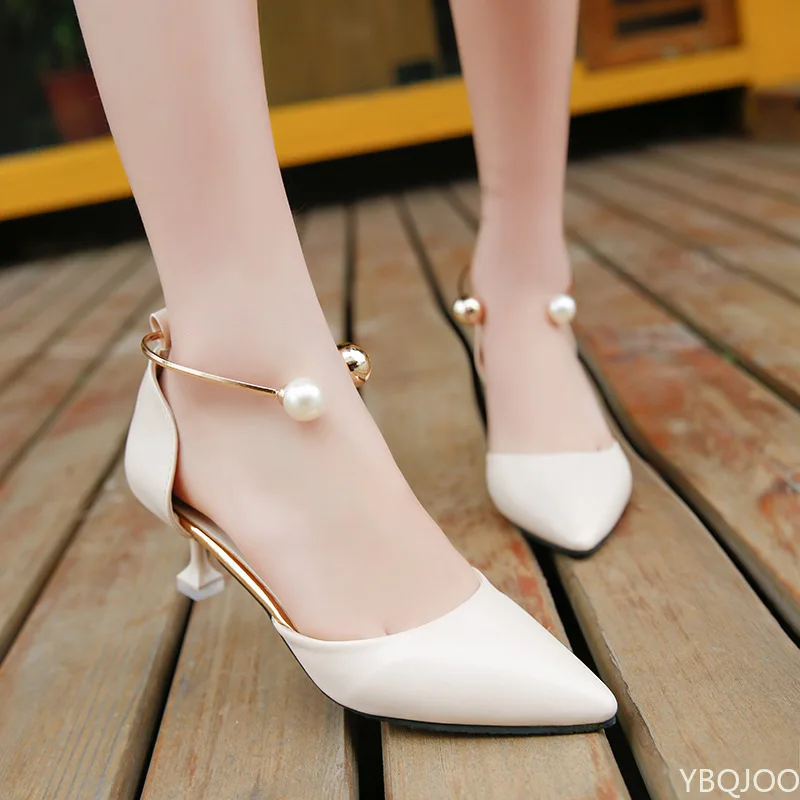

Pearl Low Pumps Summer Pointed Shoes Party Low Heel Shoes Woman New Sexy Black Pink Heels White Bridal Shoes Sandalha Feminina