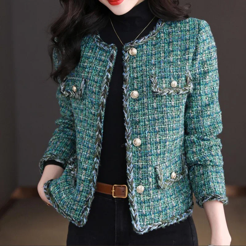 Твидовая зеленая ароматная простая пригородная куртка зима-осень 2024 новое