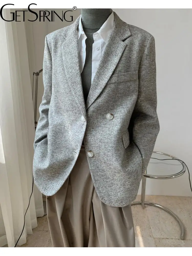 

GetSpring женский винтажный блейзер с широкими плечами, однобортный женский костюм с длинным рукавом, пальто, Модный женский свободный костюм, к...