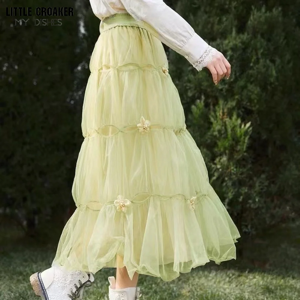 

Summer Elastic Waist Solid Party Holiday Appliques Gauze Elegant Women Ruffles Long Skirts Vintage A-line Work Jupe Faldas Saia