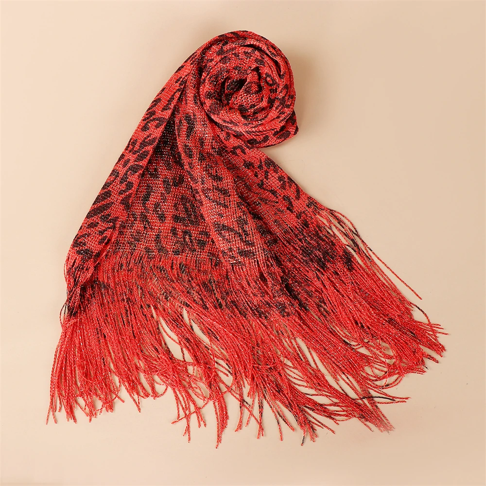 Модный ажурный шарф с леопардовым принтом, женское летнее тонкое длинное блестящее свадебное вечернее платье с кисточками, Солнцезащитная шаль 200x45 см