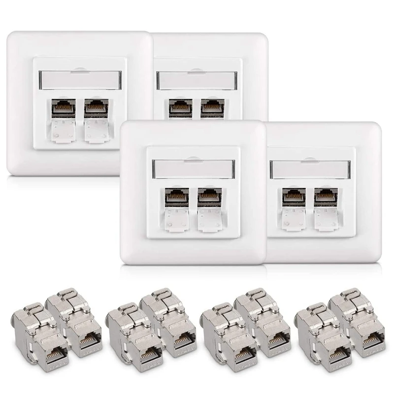 

Keystone Module Kit - Includes (8) CAT6A Shielded Keystone Jack RJ45 Ethernet Module 10G + (4) 2-Port Wall Plate