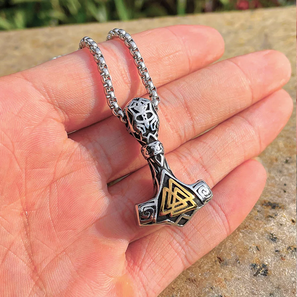 

Vintage Stainless Steel Thor Hammer Pendant Necklace Norse Viking Valknut Necklace For Men Scandinavian Vienna Amulet Jewelry