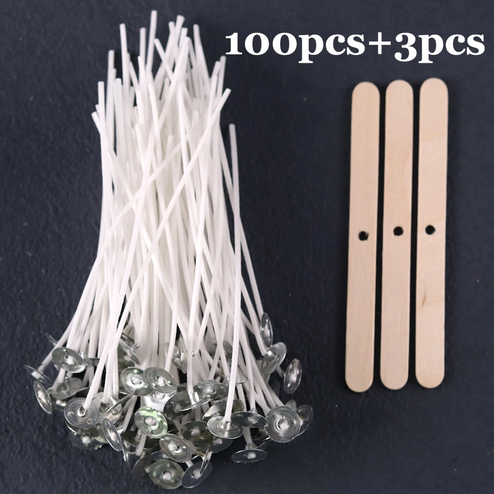 101pcs/set Smokeless Candle Wicks Non-Toxic Environmental Pre-waxed Wicks for DIY Candle Making Cotton Wax Core Wooden Holders