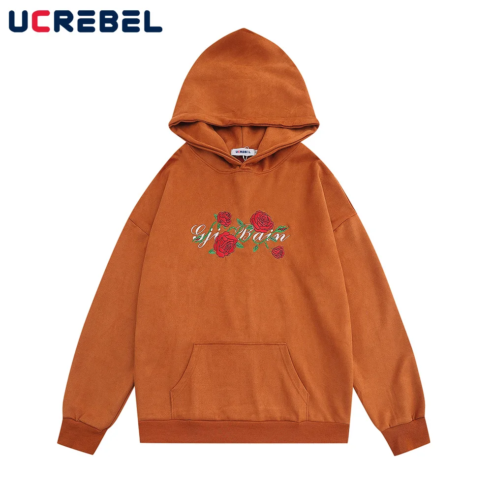 

Rose Embroidery Sweatshirts Mens Suede Pocket Casual Streetwear Autumn Winter Long Sleeve Drop Shoulder Hoodies Men