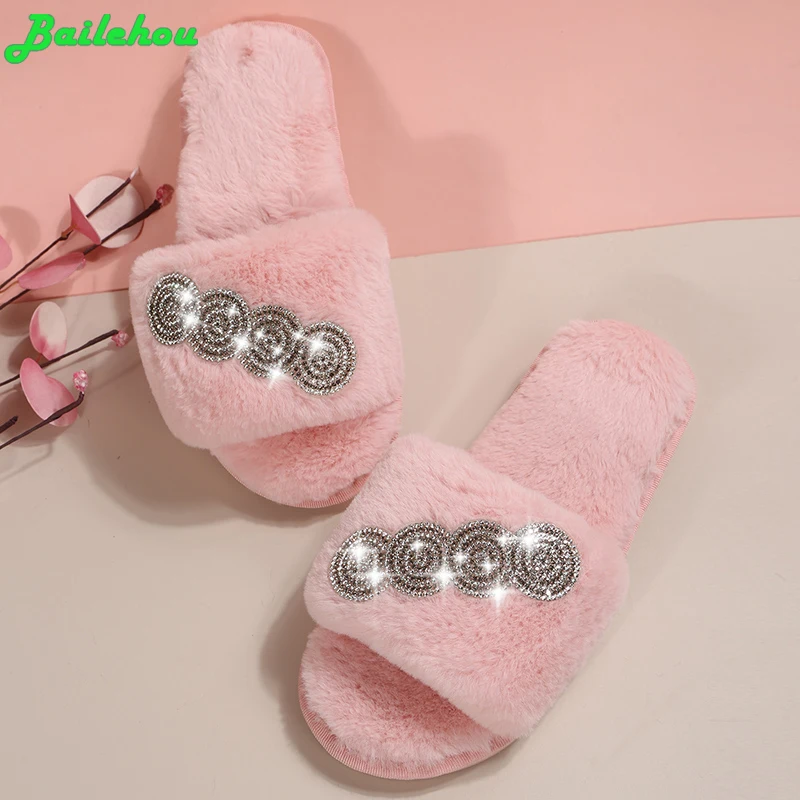 

Женские зимние тапочки с круглым носком, домашняя Роскошная хлопковая обувь для женщин, меховые домашние женские тапочки на плоской подошв...