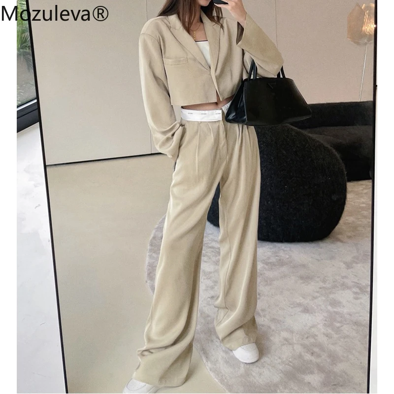 

Mozuleva Spring Two Piece Sets Korean Fashion Blazer Suits Women Crop Coat and Full Length Wide Leg Pant Suits 2 Pieces Outfit