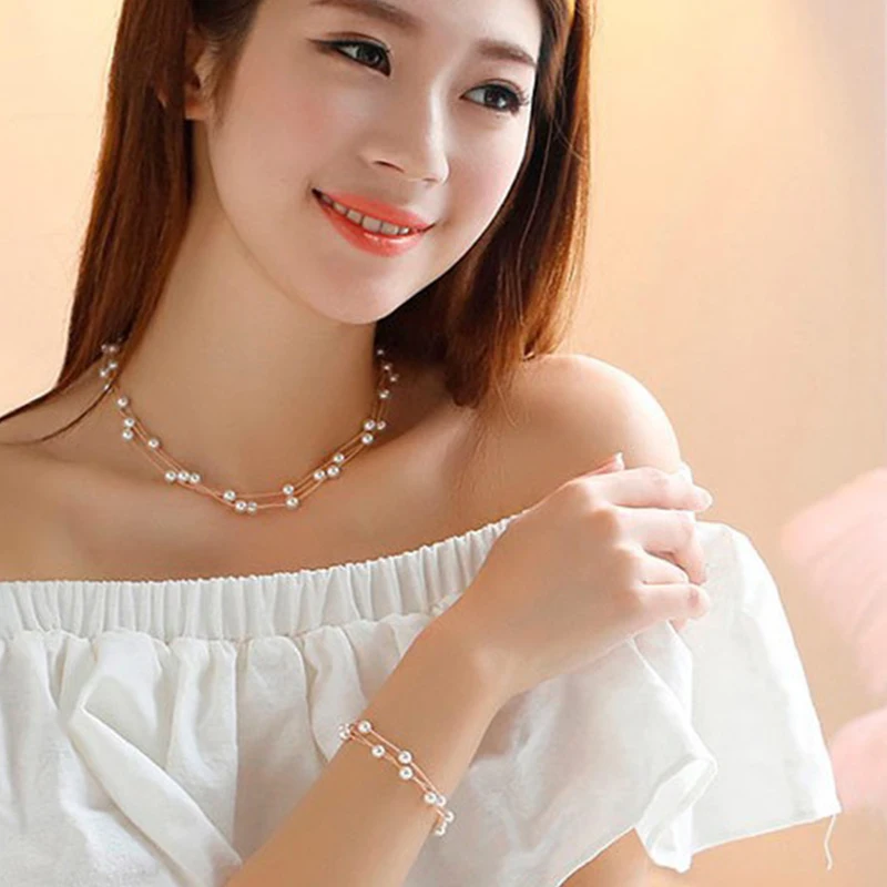 YAOLOGE Multilayer Pearl Jewelry Set For Women Luxury 2-Color Fashion  Grils Necklace Bracelet Earrings 3-Piece Set Wedding Gift images - 6