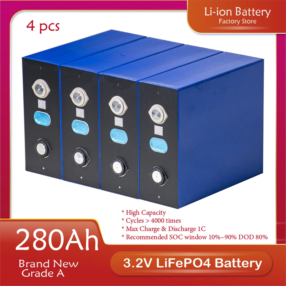 

4pcs 3.2V 280Ah Lifepo4 Battery Cell Grade A New 12V for EV RV Rechargeable Battery Pack DIY Solarenergy Storage System Tax Free