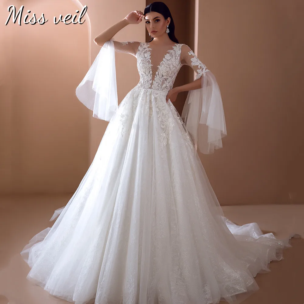 

Свадебное платье Miss veil трапециевидного силуэта, блестящее кружевное платье с V-образным вырезом и аппликациями в богемном стиле на молнии, п...