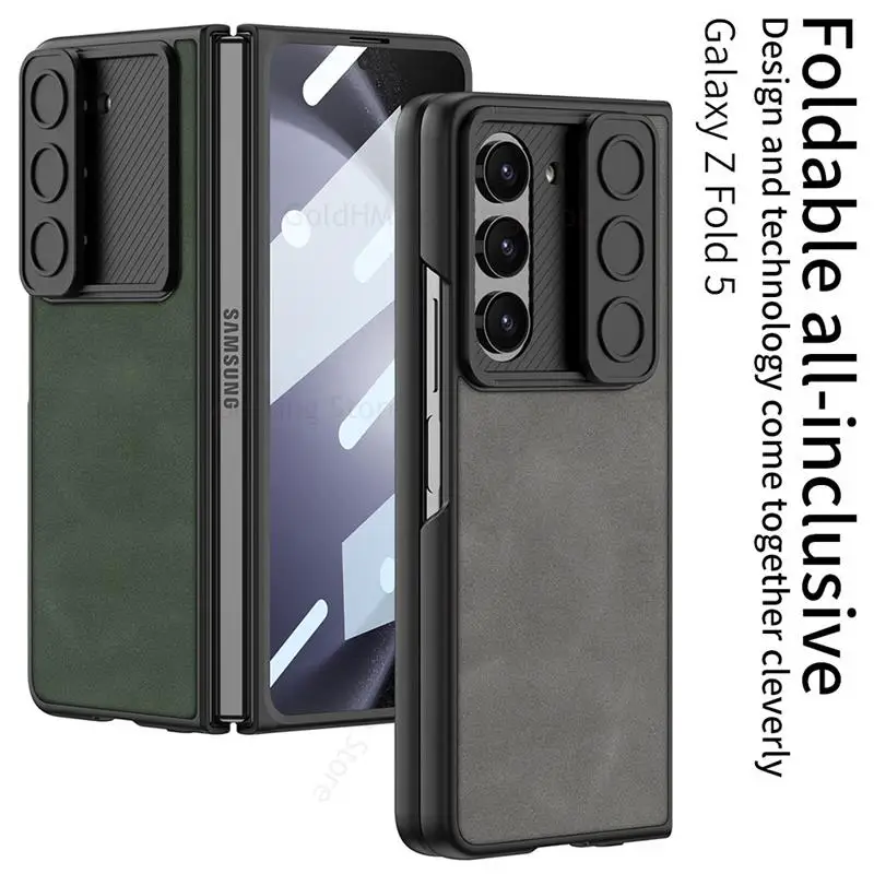 Capa For Samsung Z Fold 5 5G Matte Leather Phone Case For Galaxy Z Fold5 5G Push Window Slide Lens Flip Cover with Tempered Film