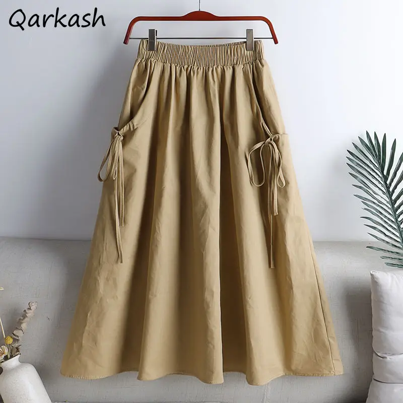 

Midi Skirts Women Bandage Casual Summer Clothes Simple Solid Fashion Korean Style Vintage Bottoms Females Elegant High Waist New