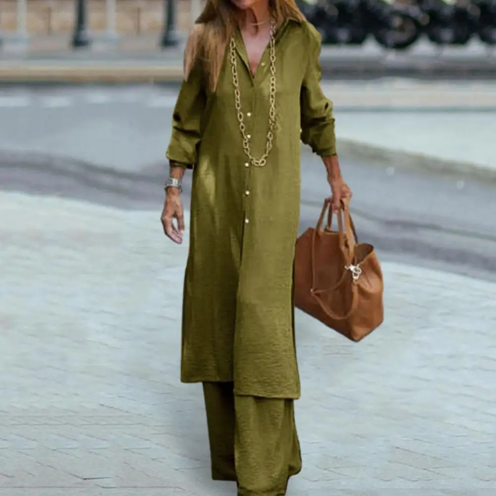 

2Pcs/Set Women Lapel Long Sleeve Shirt Straight Wide Leg Long Pants Side Split Long Tops High Waist Trousers Matching Set