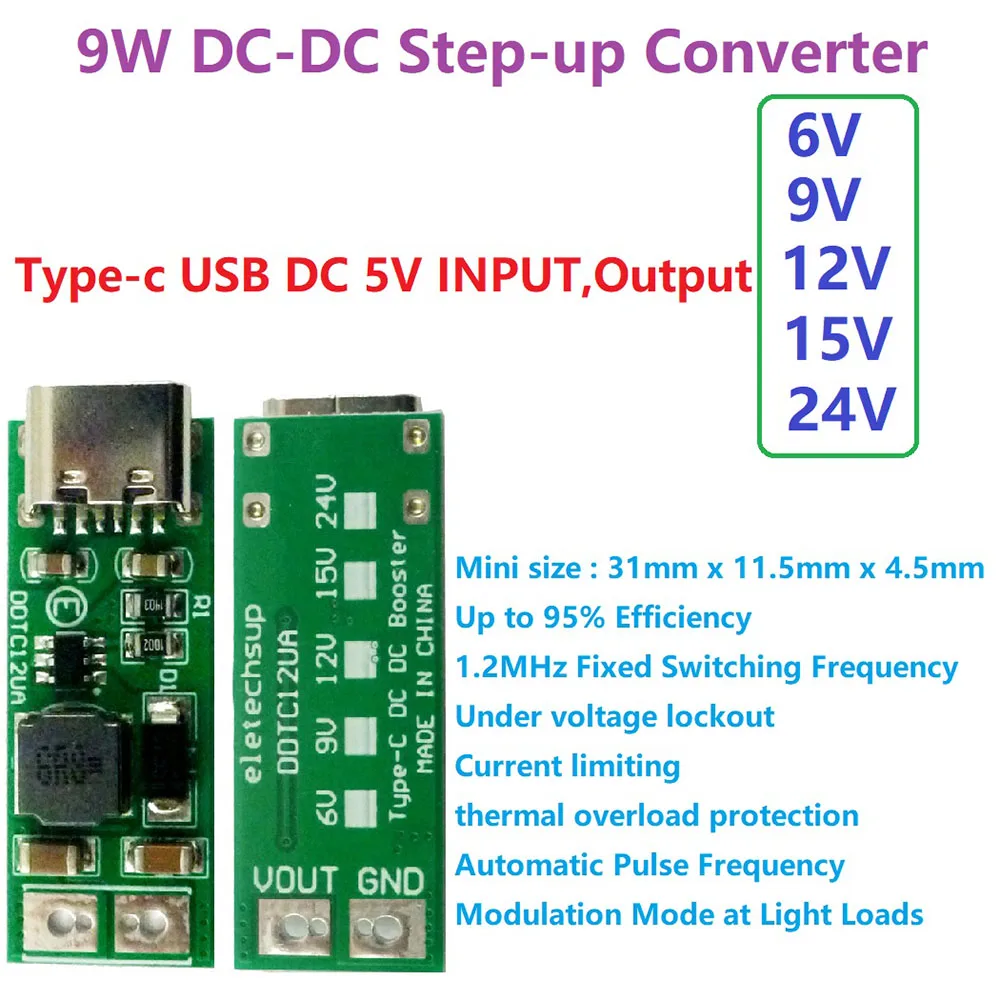9 Вт Mini Type-C USB DC 5V to 6V 9V 12V 15V 24V повышающий преобразователь