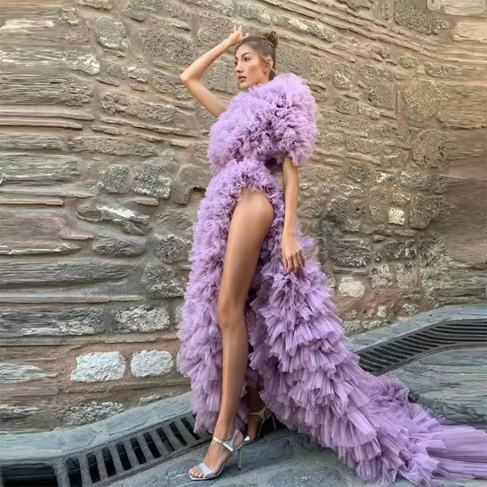 

2022 фиолетовое сексуальное длинное платье с высоким разрезом и оборками в несколько рядов платья для выпускного вечера из фатина пушистые ж...