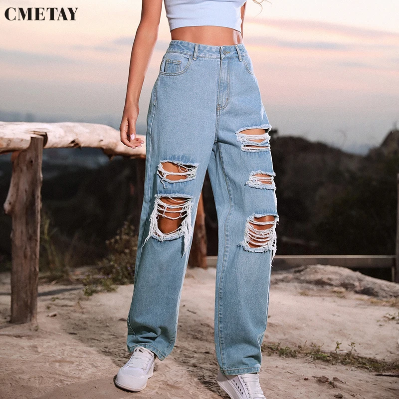 

CMETAY High Waist Ripped Jeans Women Spring 2022 Fashion Streetwear Y2K Casual Denim Wide Leg Trousers Vaqueros De Mujer