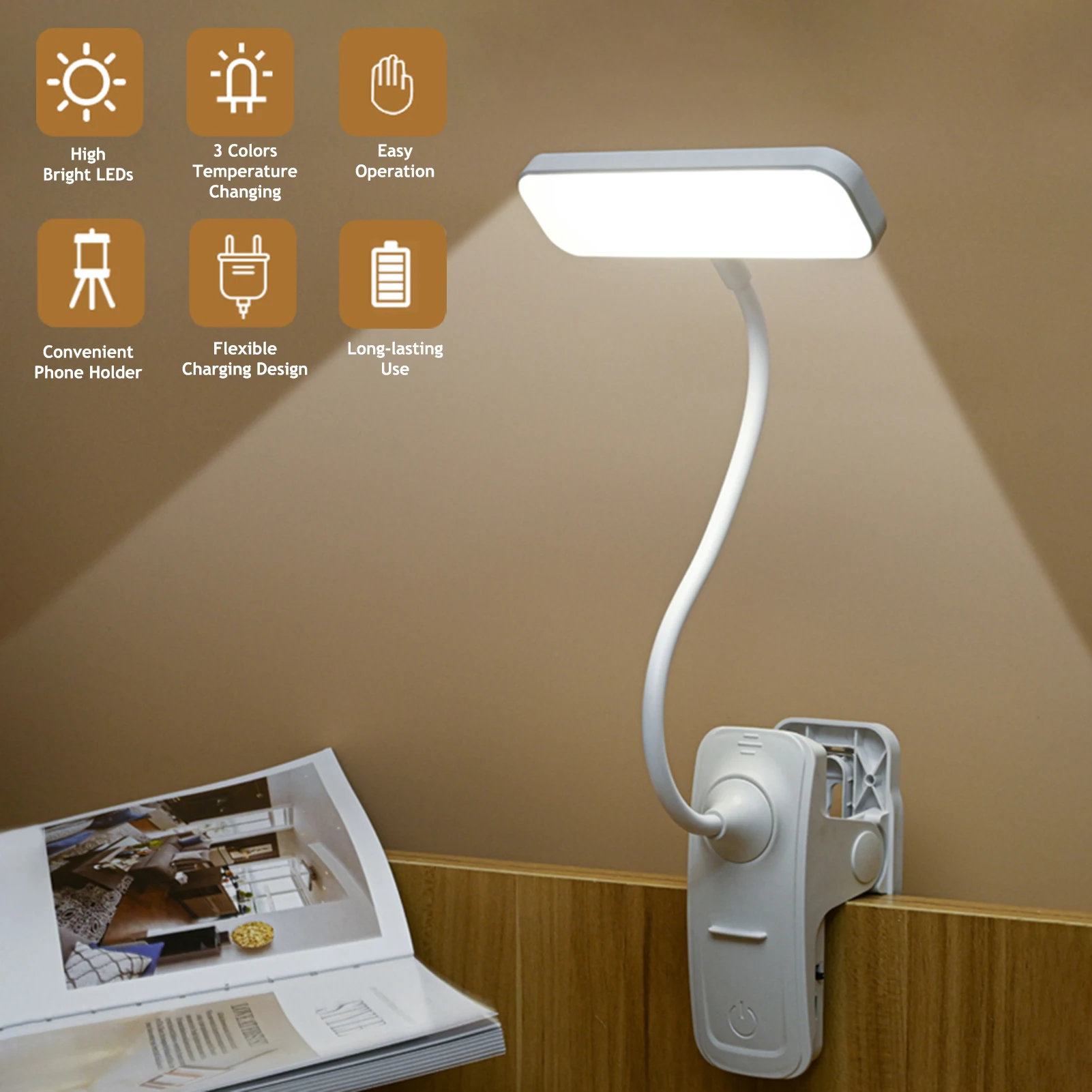 

Светодиодная настольная лампа с зажимом и зарядкой, приглушаемый светильник с сенсорным управлением, светильник для чтения для студенческ...